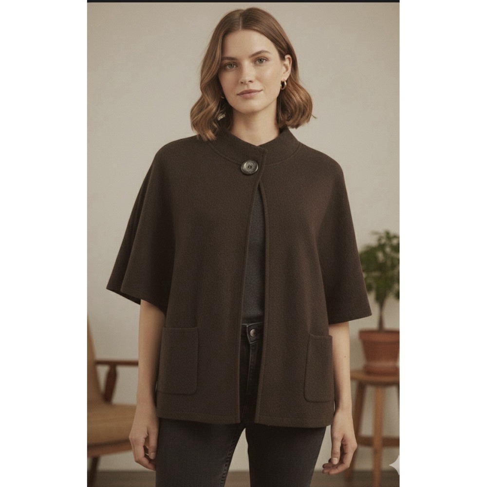 Vintage Tally Ho 100% Wool Sweater Brown Open Front Short Sleeve Jacket Cardigan